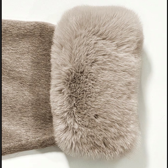 Taupe luxurious fair fur trim sleeve cuffs belted jacket coat - Picture 5 of 5